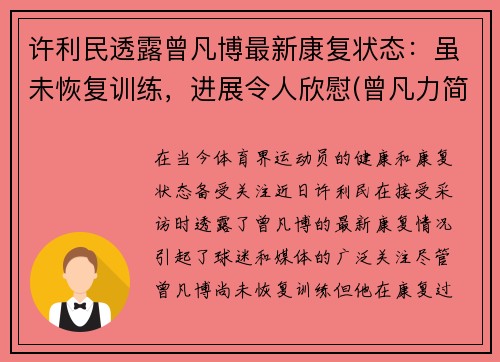 许利民透露曾凡博最新康复状态：虽未恢复训练，进展令人欣慰(曾凡力简历)