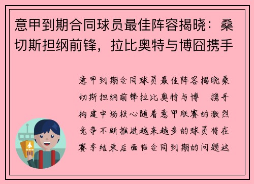 意甲到期合同球员最佳阵容揭晓：桑切斯担纲前锋，拉比奥特与博囧携手构建中场核心
