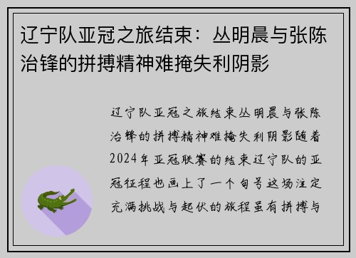 辽宁队亚冠之旅结束：丛明晨与张陈治锋的拼搏精神难掩失利阴影