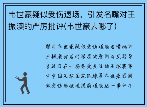 韦世豪疑似受伤退场，引发名嘴对王振澳的严厉批评(韦世豪去哪了)