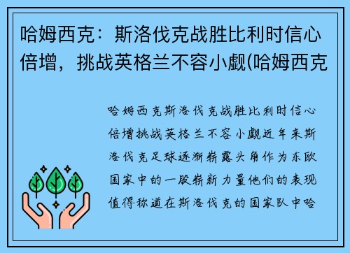哈姆西克：斯洛伐克战胜比利时信心倍增，挑战英格兰不容小觑(哈姆西克简介)