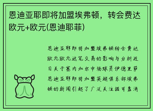 恩迪亚耶即将加盟埃弗顿，转会费达欧元+欧元(恩迪耶菲)