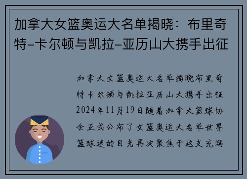 加拿大女篮奥运大名单揭晓：布里奇特-卡尔顿与凯拉-亚历山大携手出征