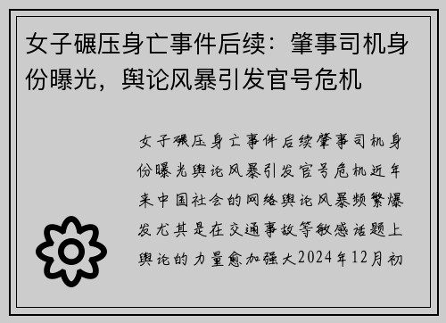 女子碾压身亡事件后续：肇事司机身份曝光，舆论风暴引发官号危机