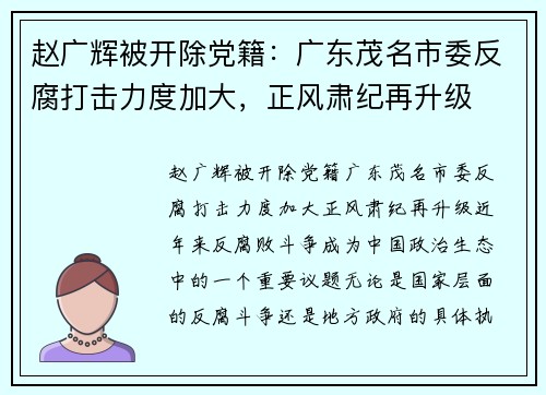 赵广辉被开除党籍：广东茂名市委反腐打击力度加大，正风肃纪再升级